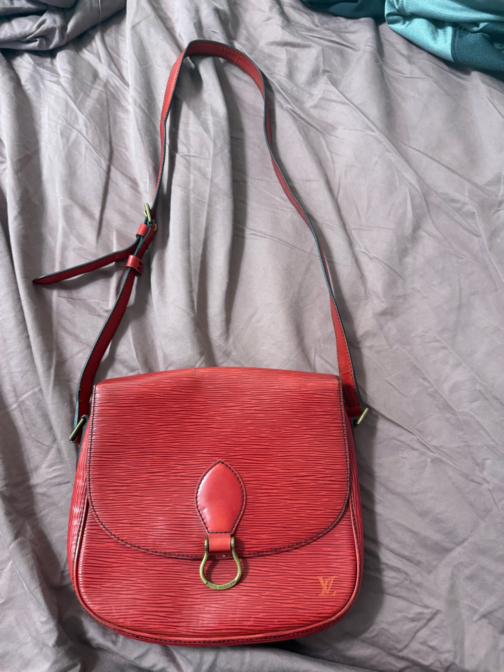 LV Structured Red Textured Crossbody Bag with Brass Ring